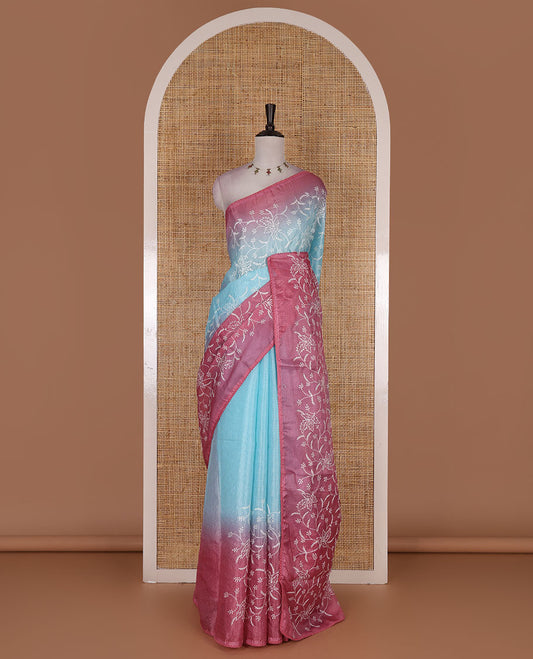 Sea green-pink floral vine chickankari embroidered kota chex saree, lace border, floral vine chickankari embroidered pallu, and contrast plain blouse