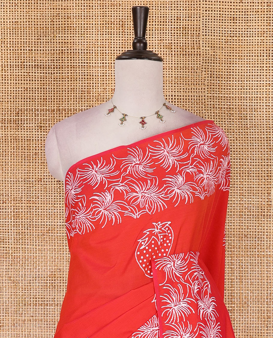 Tomato pink strawberry motifs handblock printed south cotton saree, sparkle motifs printed border, printed pallu, and contrast printed pallu
