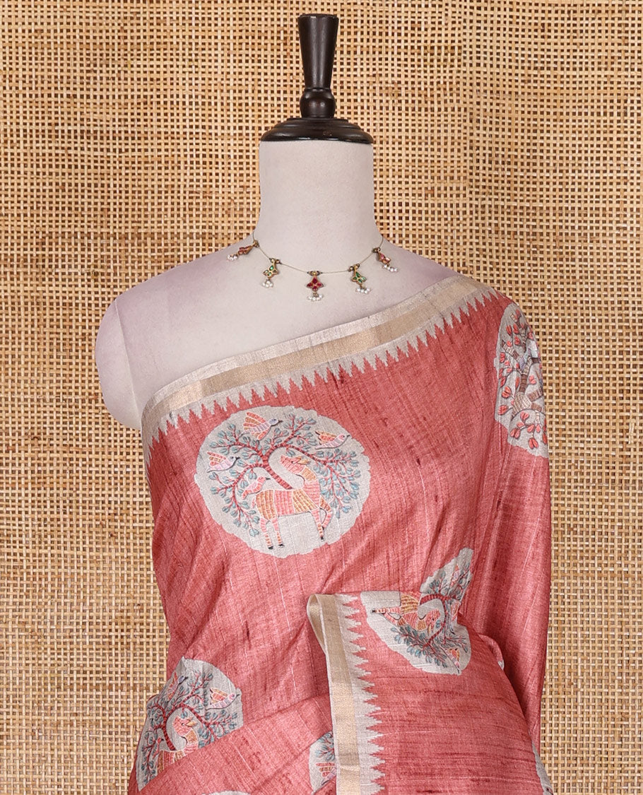 Pink Madhubani painting style deer and sparrow motifs printed semi-tussar silk saree, contrast temple border, Madhubani style pallu, and contrast bird and floral buttas printed blouse