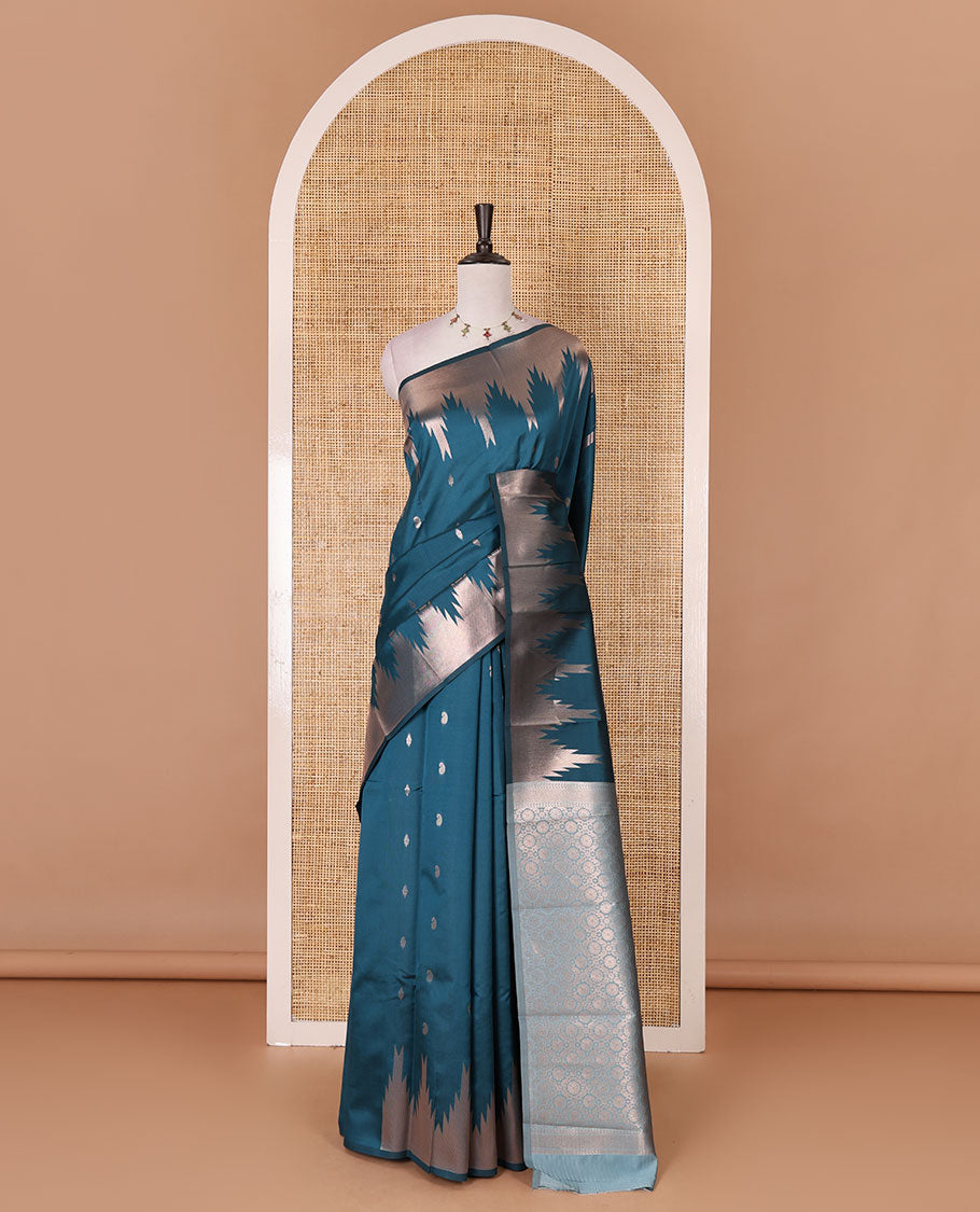 Blue zari buttas kanchi silk saree, temple zari border, zari-rich jaal pallu, and zari motifs woven blouse