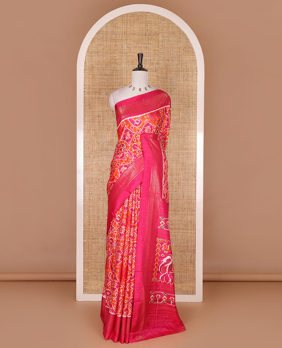 Orange pochampally style butterflies, and bird printed dola silk saree, contrast zari border, pallu of elephant palanquin, and contrast printed blouse