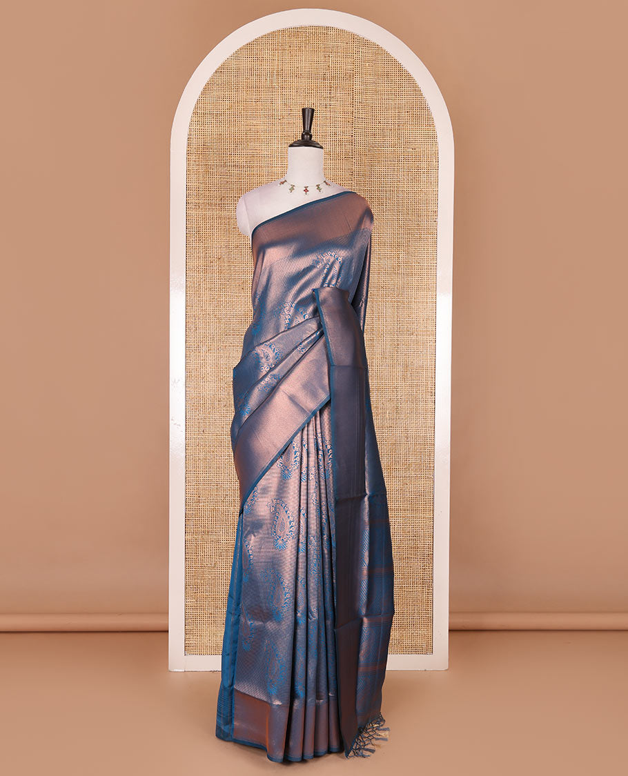 Blue paisley zari jacquard Kanchi tissue saree, zari border, pallu steeped with paisleys, and jacquard matching blouse