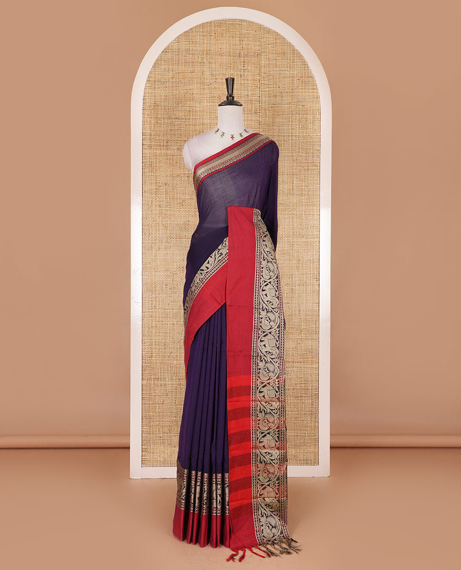 Purple plain mercerised cotton saree, contrast traditional border of peacock, and elephant motifs, striped pallu, and a matching blouse
