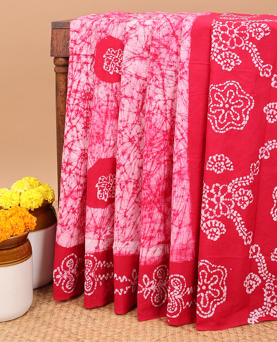 Rani pink pathik printed sungudi cotton saree with pathik printed contrast border & pathik printed rich pallu along with pathik printed blouse
