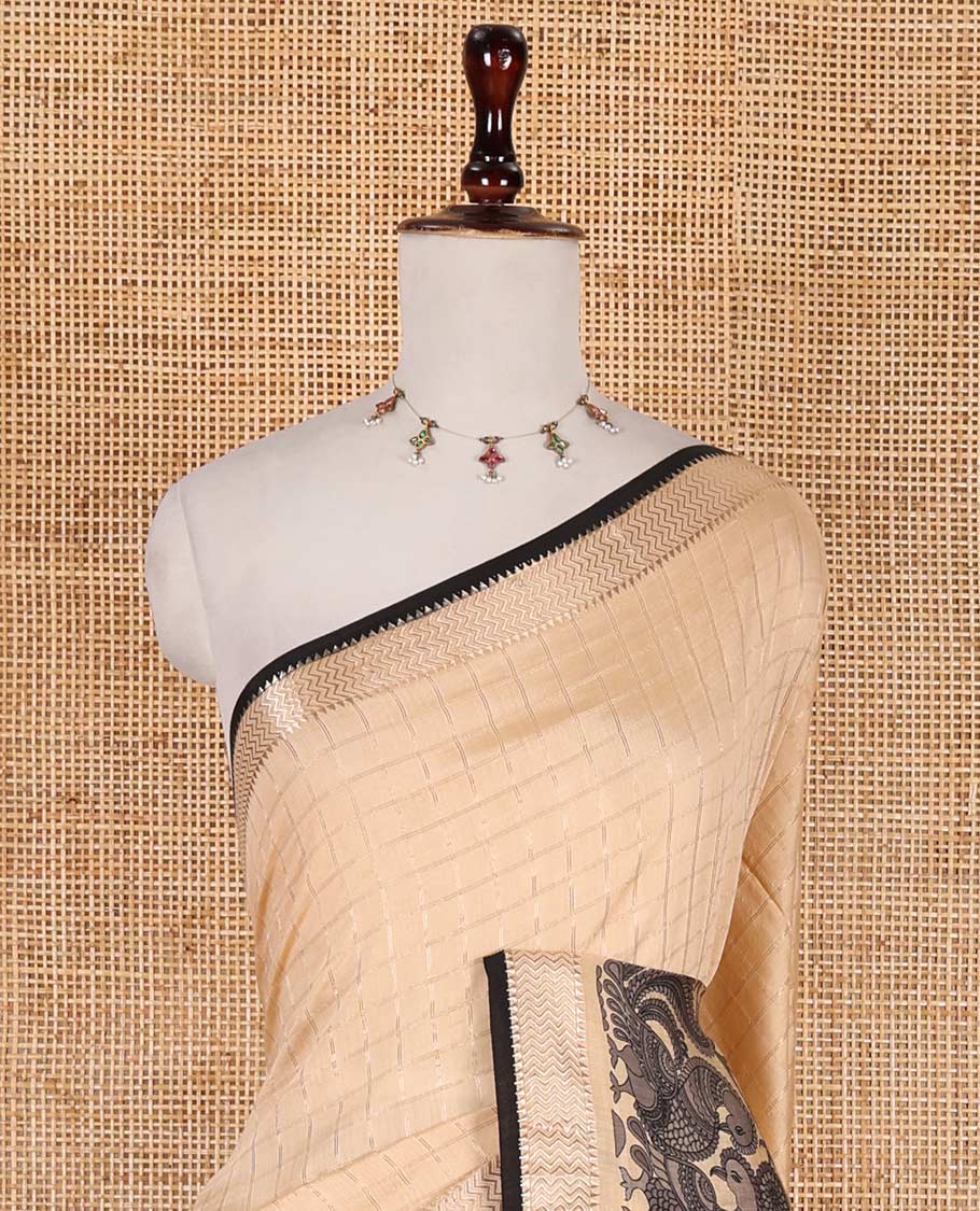 Chikku zari checked with kalamkari flora-fauna motifs printed Assam cotton saree, traditional zari border, zari striped pallu, and matching blouse