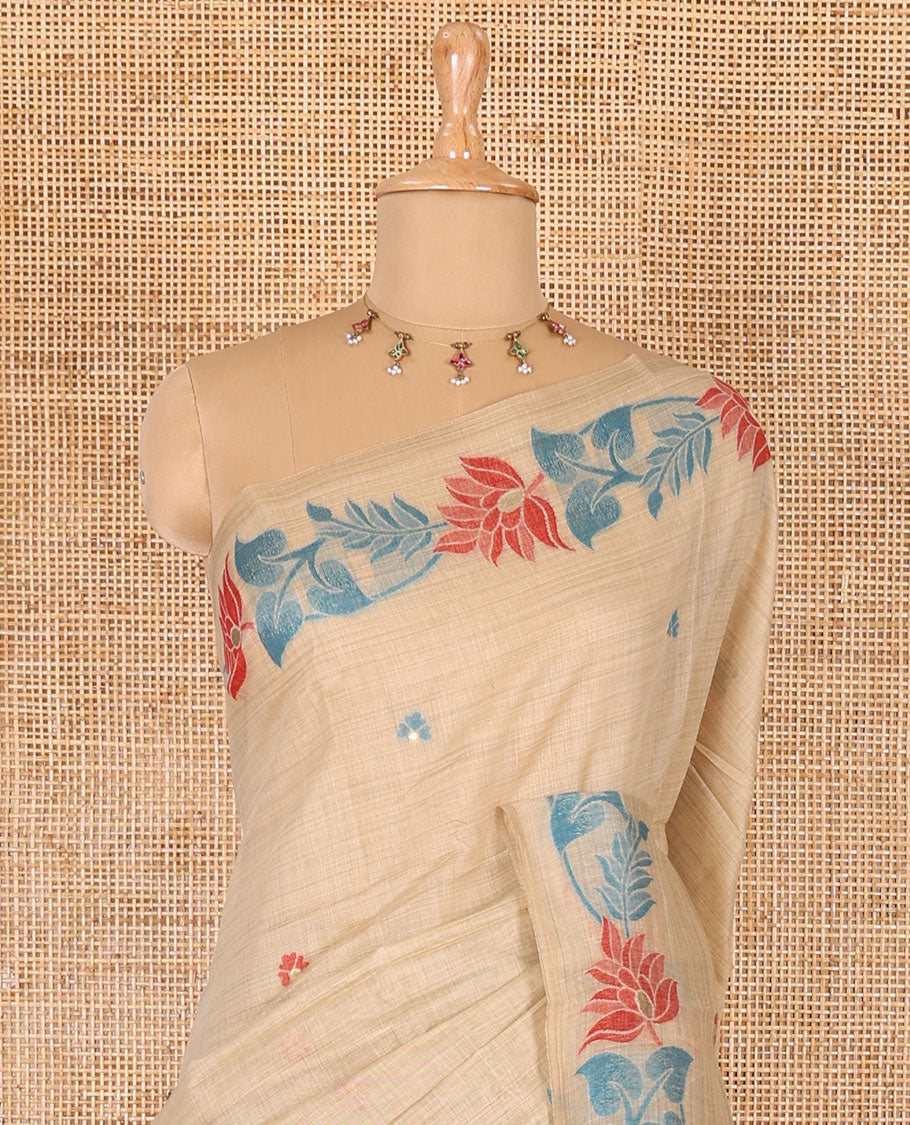 Light sandal resham thread buttas Munga cotton saree, jamdani floral creeper border, jamdani floral pallu, and contrast floral zari buttas blouse