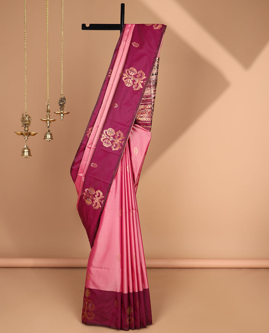 Onion pink meena work butta luxury soft silk saree with open meena work with tussle & contrast blouse