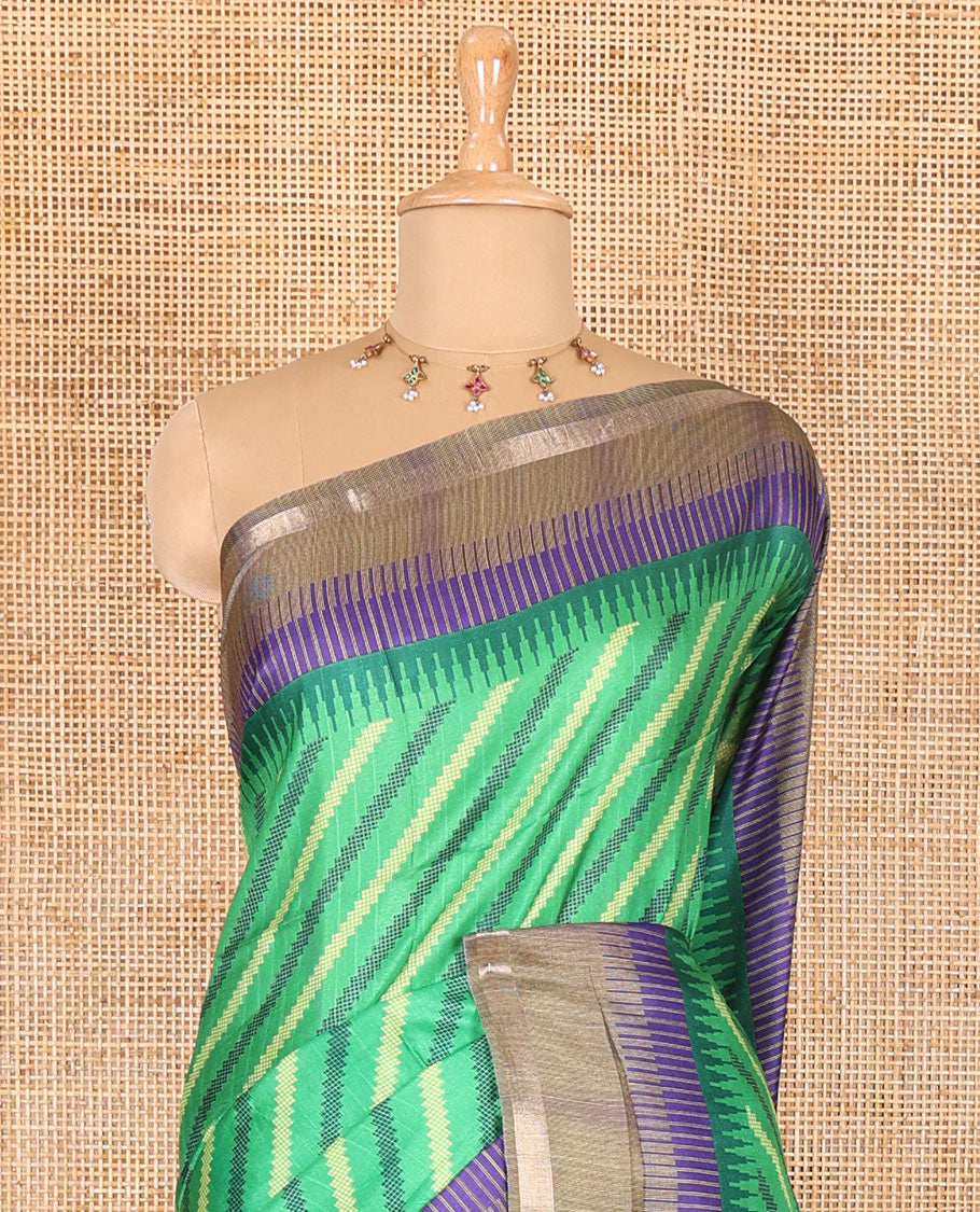 Green leheriya stripes printed katan silk saree, contrast zari piping temple border, temple pallu, and a contrast square buttas printed blouse