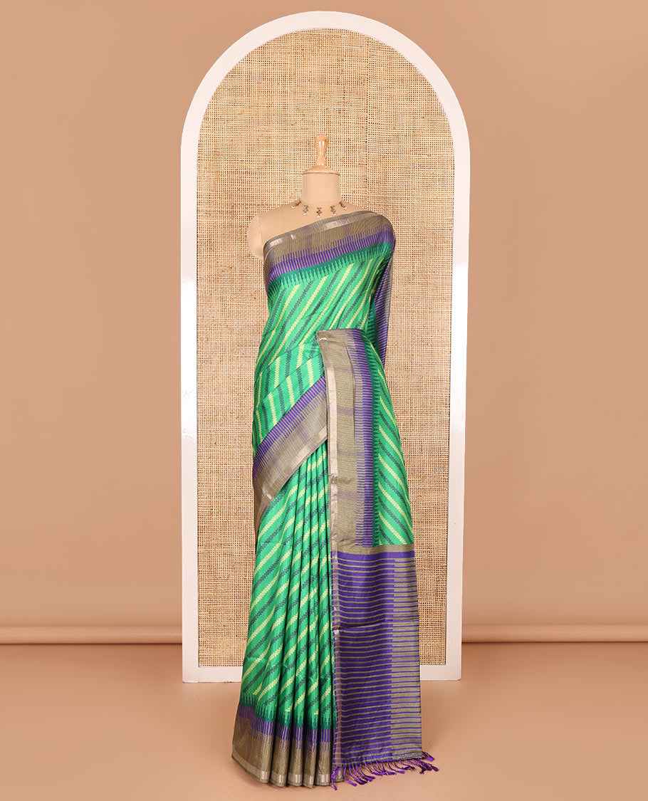 Green leheriya stripes printed katan silk saree, contrast zari piping temple border, temple pallu, and a contrast square buttas printed blouse
