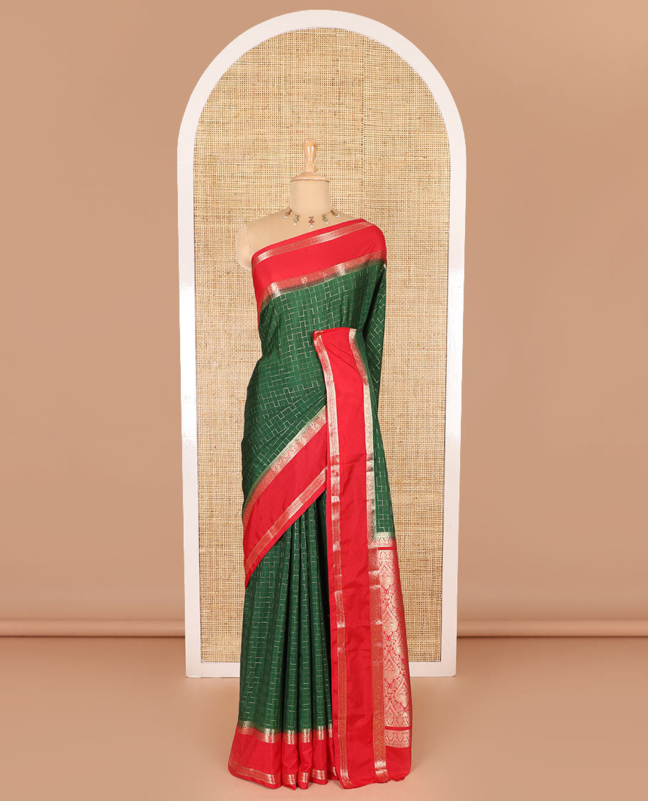 Green maze geometric-patterned semi-mysore silk saree, contrast rettai pettu traditional zari border, intricate pallu, and a contrast geometric-patterned zari-bordered blouse