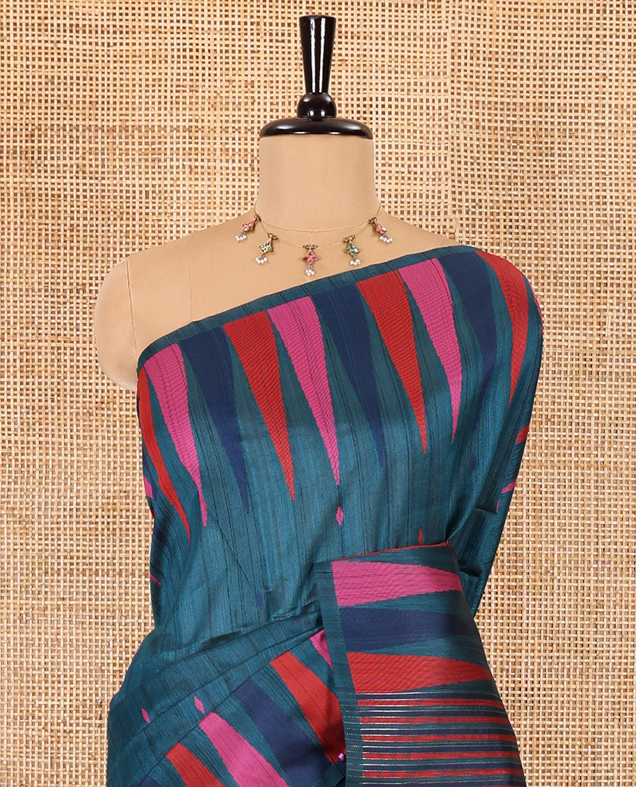 Peacock color thread buttas woven jute cotton saree, multi-color temple border, striped pallu, and a matching striped blouse