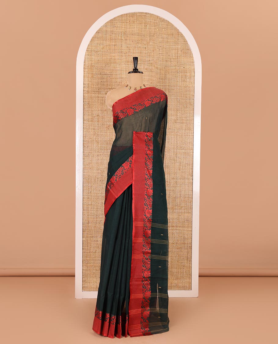 Black thread buttas Bengal cotton saree, contrast floral creeper border, and pallu of buttas and stripes