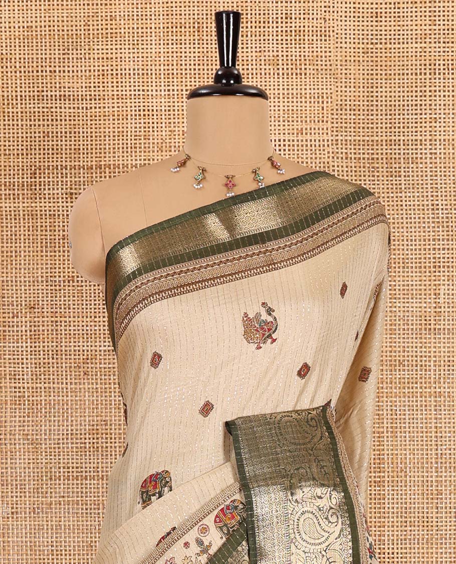 Chikku-mehendi green vertical striped, and animal motifs printed dola silk saree, contrast manga motifs zari border, animal motifs printed pallu, and a contrast printed blouse