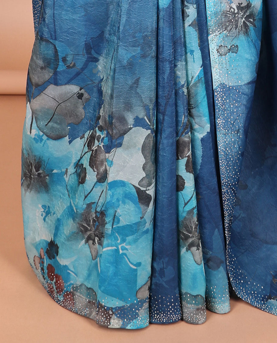 Blue digital printed crunchy crush saree with swarovski work border & self pallu along with swarovski stone work blouse