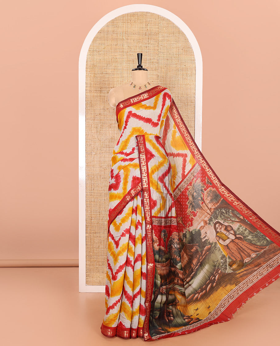 Yellow Muslin Cotton Saree Embellished with Zig-Zag Shibori Patterns Prints, Complemented by a Contrast Border of Deer Motifs in Zari, Pallu Decked Up with Scenery Print, and Paired with a Contrast Polka Dots Printed Blouse