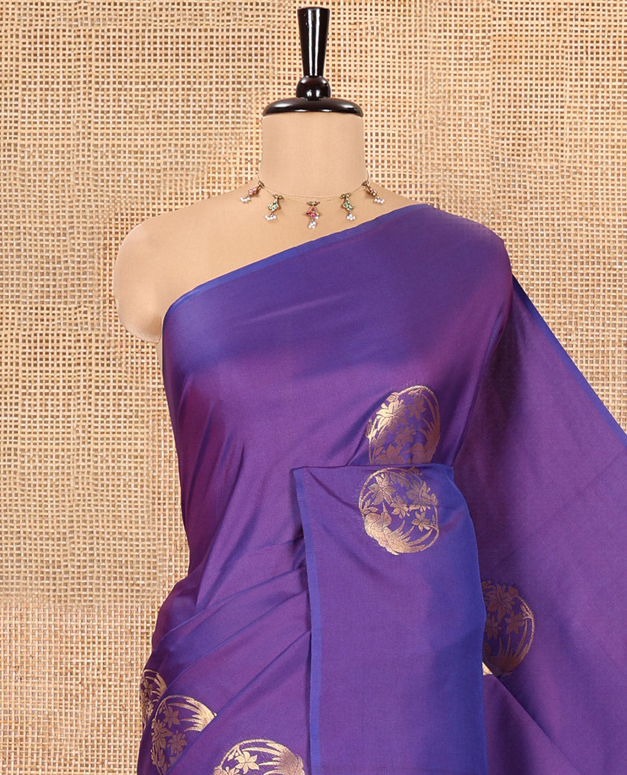 Borderless Royal Blue Semi-Soft Silk Saree Detailed with Bird-Floral Buttas All Over Its Body, Complemented by a Contrast Intricately Designed Pallu, and Paired with a Contrast Plain Blouse