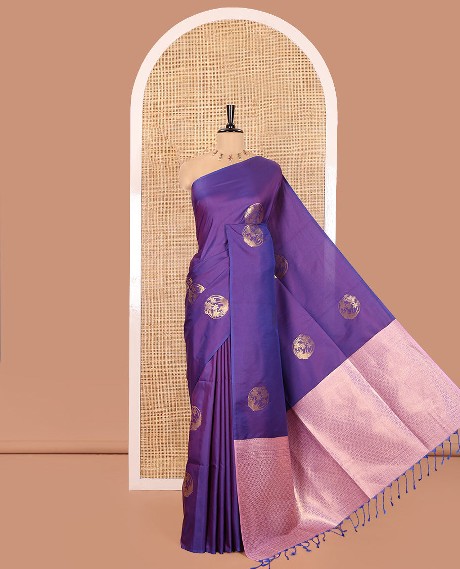 Borderless Royal Blue Semi-Soft Silk Saree Detailed with Bird-Floral Buttas All Over Its Body, Complemented by a Contrast Intricately Designed Pallu, and Paired with a Contrast Plain Blouse