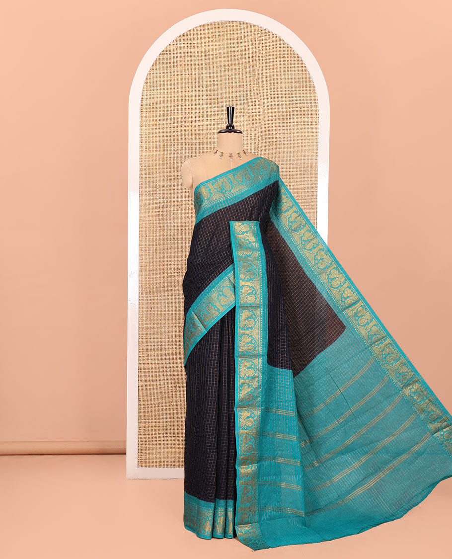 Blue and Rama Blue Sungudi Cotton Saree, Subtly Sparkled with Checks on Its Body, Complemented by a Contrast Temple Border of Peacock Motifs, Pallu Steeped with Stripes, and Paired with a Contrast Blouse