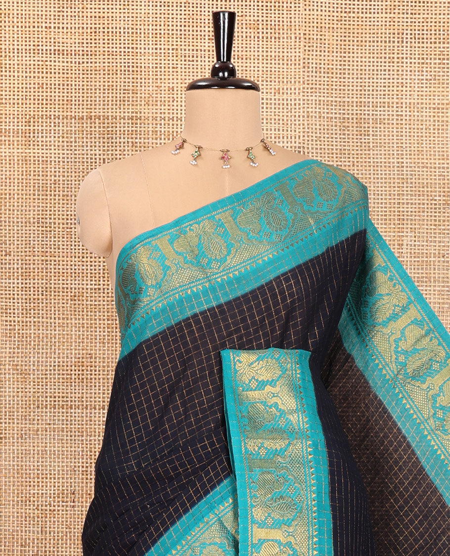 Blue and Rama Blue Sungudi Cotton Saree, Subtly Sparkled with Checks on Its Body, Complemented by a Contrast Temple Border of Peacock Motifs, Pallu Steeped with Stripes, and Paired with a Contrast Blouse