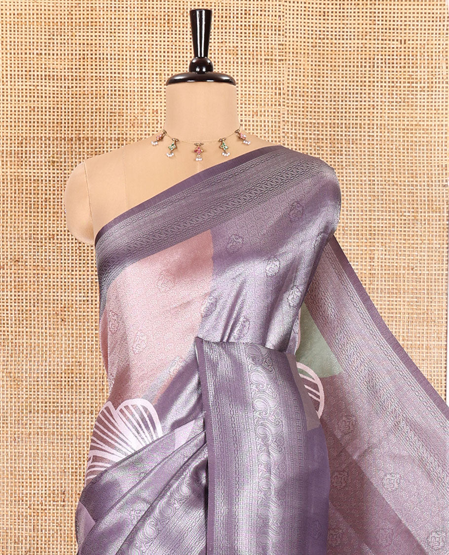 Pink and Mauve Tissue Saree, Accentuated with Jacquard Design and Floral Printed on Its Body, Complemented by Contrast Traditional Motifs Print, Pallu Steeped with Floral Motifs, and Paired with a Contrast Blouse