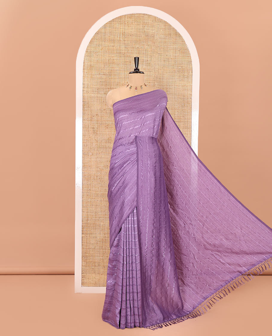Borderless Lavender Vichitra Silk Saree, Elevated with Horizontal Stripes and Sequin Stripes, Paired with a Matching Blouse