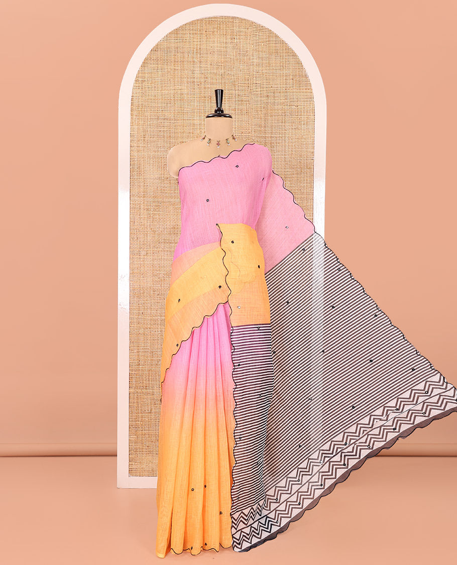 Pink-Yellow Linen Cotton Saree, Prettified with Ombre-Style Dyed with Mirror Work Across Its Body, Subtly Sparkled Scallop Thread Border, Pallu Steeped with Stripes and Mirror Work, and Paired with a Contrast Vertical Stripes Printed Blouse