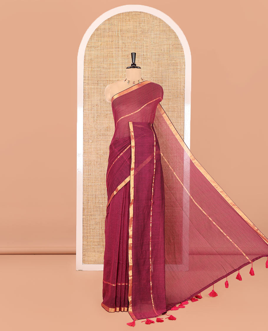 Purple Plain Khadi Mul Cotton Saree, Subtly Sparkled with Zari Border, Self-Pallu, and Paired with a Matching Blouse