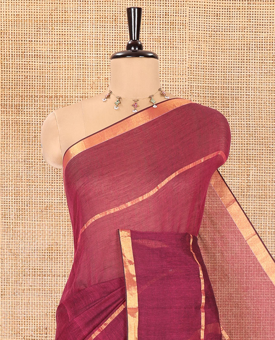 Purple Plain Khadi Mul Cotton Saree, Subtly Sparkled with Zari Border, Self-Pallu, and Paired with a Matching Blouse
