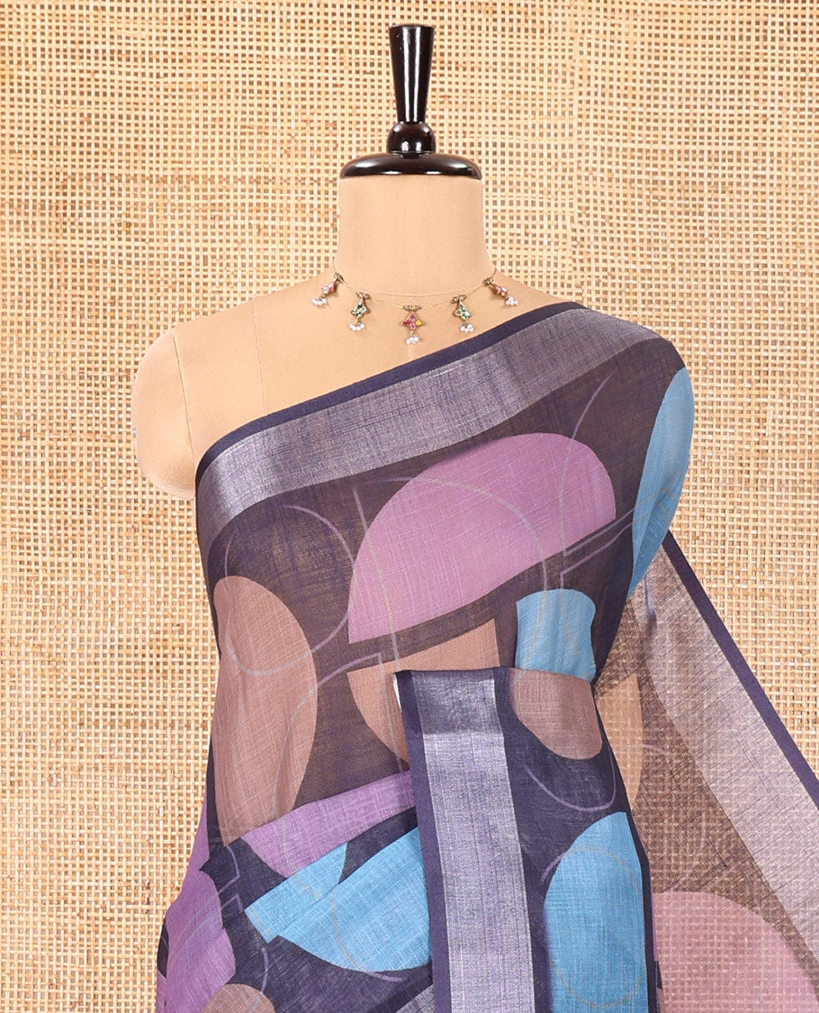 Blue Linen Cotton Saree, Steeped with Colorful Geometric Motifs Printed on Its Body, Highlighted by a Bavanji Zari Border, Geometric Motifs Printed Pallu, and Paired with a Printed Blouse