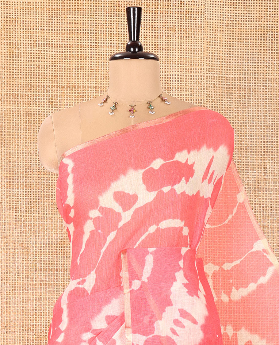 Borderless Pink Linen Cotton Saree, Adorned with Shibori Printed on Its Body, Complemented by Contrast Floral Printed Pallu, and Paired with a Contrast Floral Printed Blouse