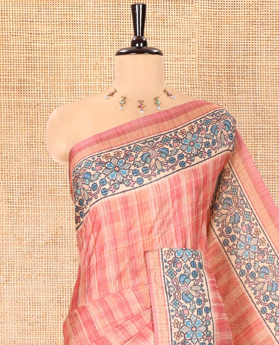 Pink Katan Silk Saree, Elevated with Checked Design On Its Body, Artfully Designed Madhubani Painting Theme Border, Pallu of Same Madhubani Print, and Paired with a Madhubani Printed Blouse