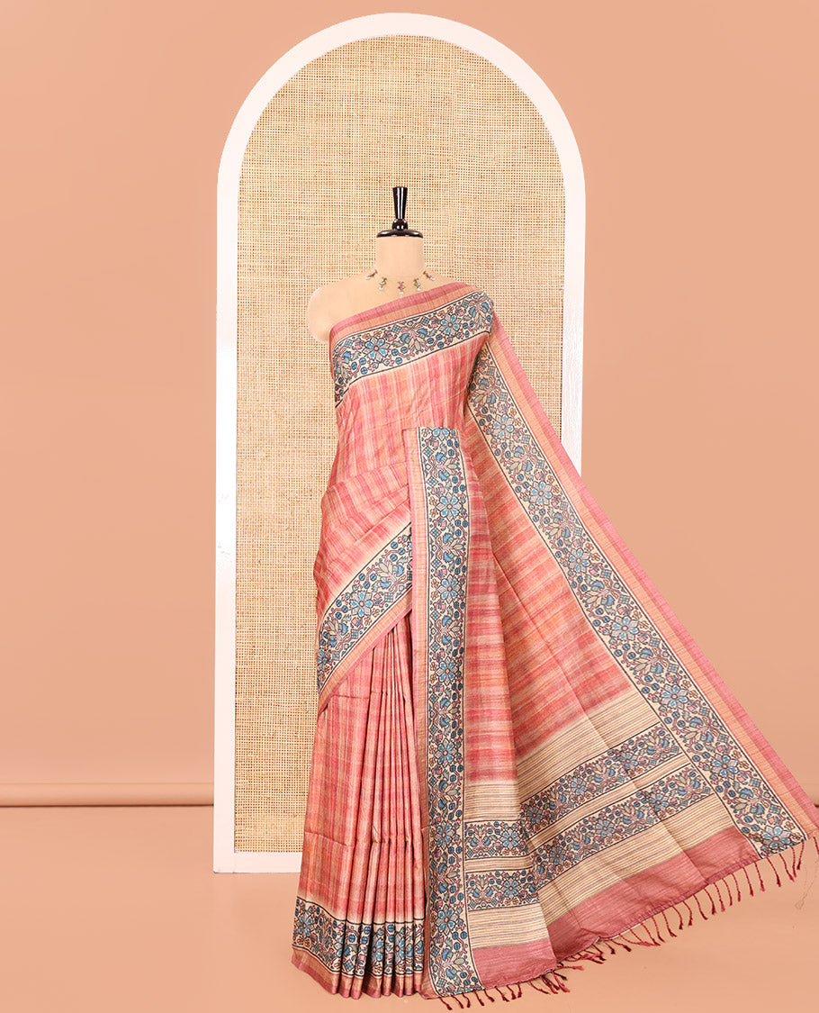 Pink Katan Silk Saree, Elevated with Checked Design On Its Body, Artfully Designed Madhubani Painting Theme Border, Pallu of Same Madhubani Print, and Paired with a Madhubani Printed Blouse
