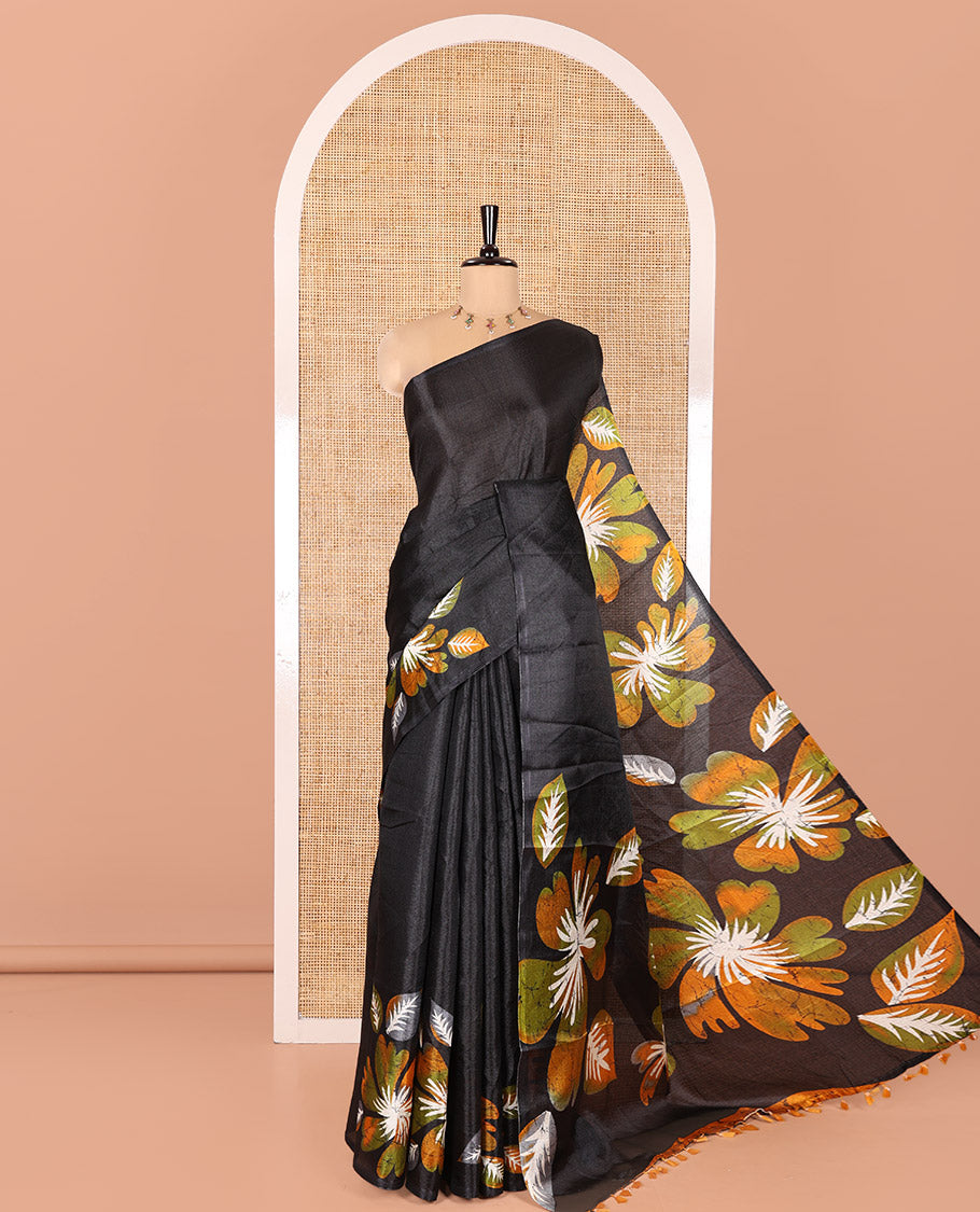 Borderless Black and Yellow Khadi Cotton Saree, Colorful Decked Up with Flower Motifs Print on Body and Pallu, and Paired with a Plain Blouse