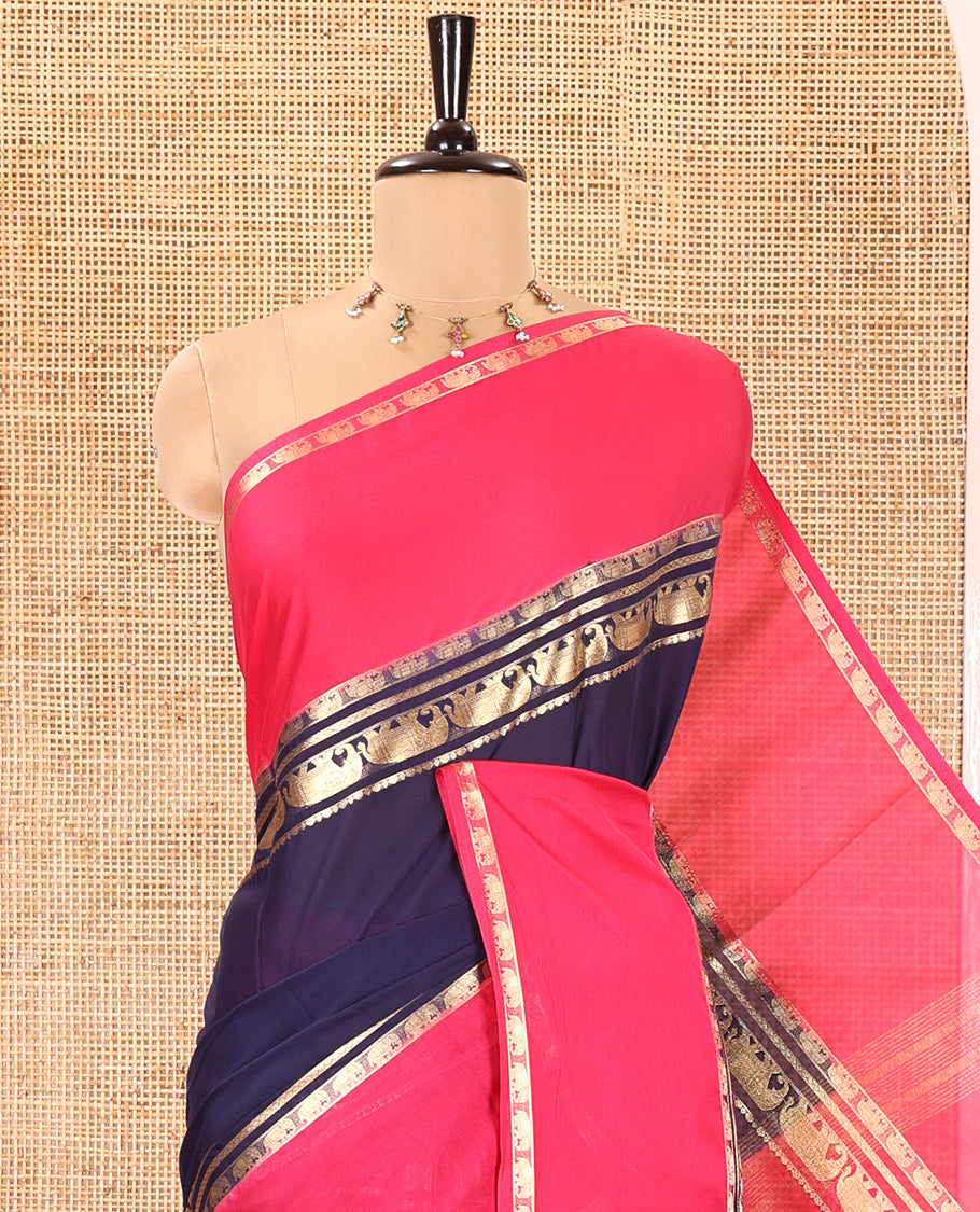 Blue Plain Art Mysore Silk Saree, Complemented by Captivating Contrast Rettai Pettu Traditional Border of Elephant Zari Buttas, Striped Pallu and Paired with a Contrast Blouse