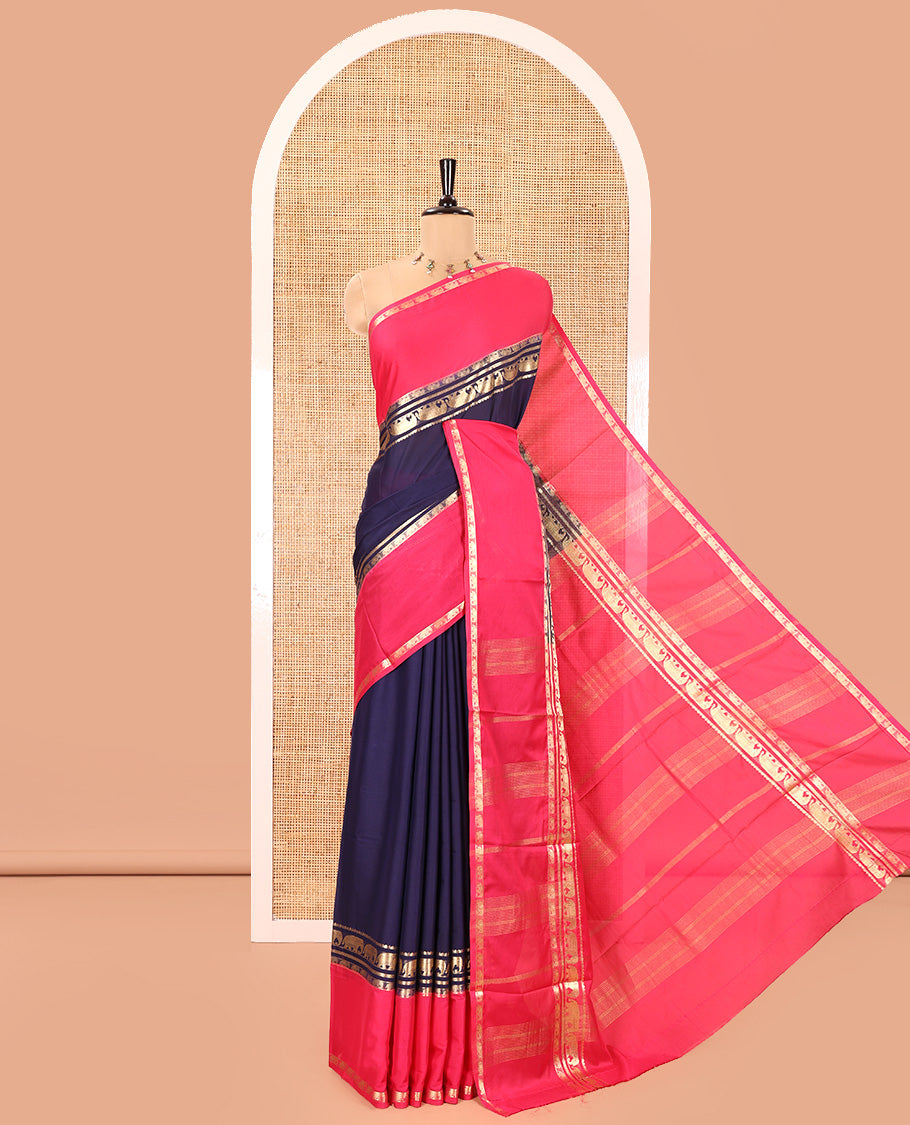 Blue Plain Art Mysore Silk Saree, Complemented by Captivating Contrast Rettai Pettu Traditional Border of Elephant Zari Buttas, Striped Pallu and Paired with a Contrast Blouse