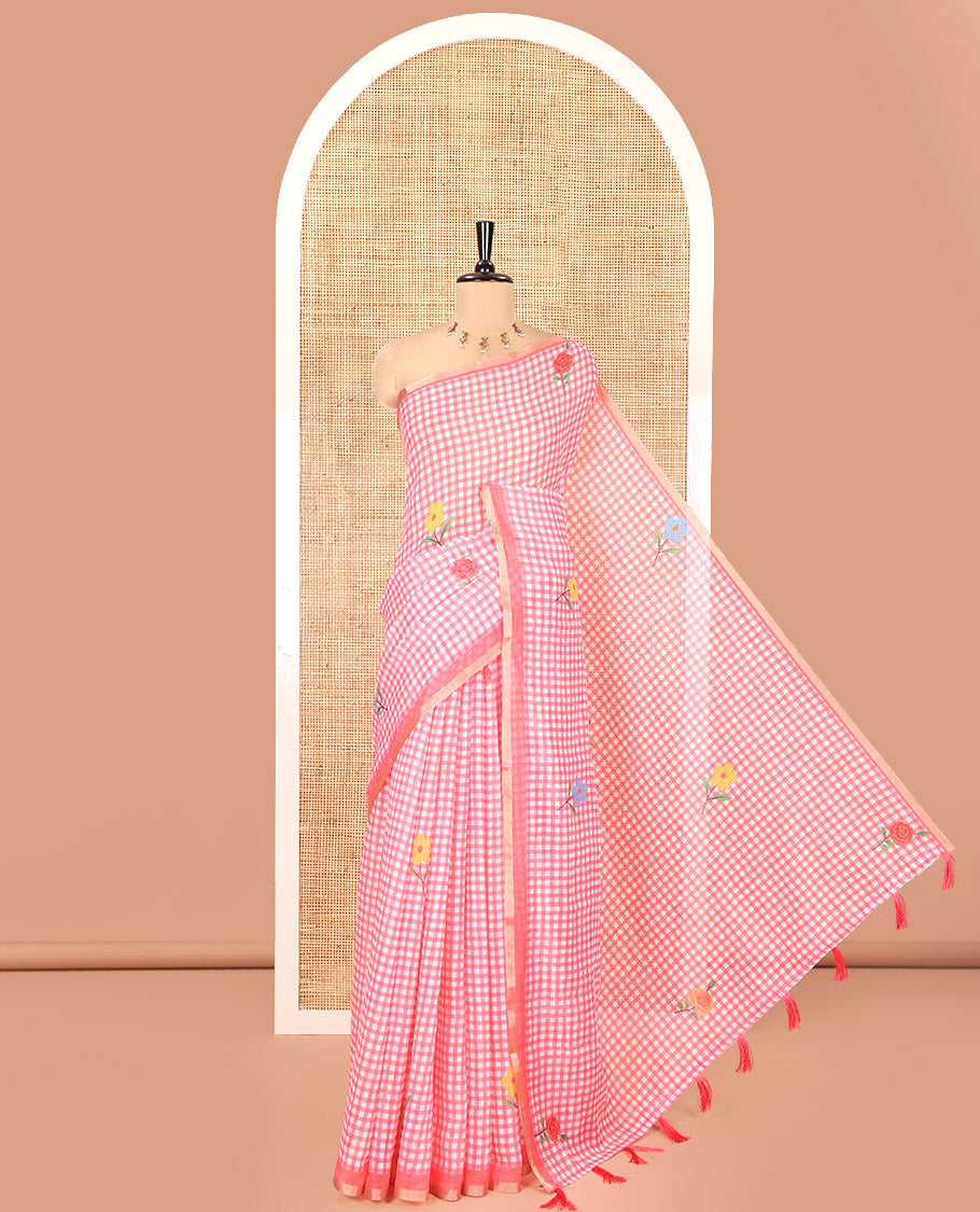 Pink Linen Cotton Saree, Bedecked with Micro-Checks and Floral Motifs on Its Body, Subtle Piping Border, a Self-Pallu, and Paired with a Rose Floral Printed Blouse