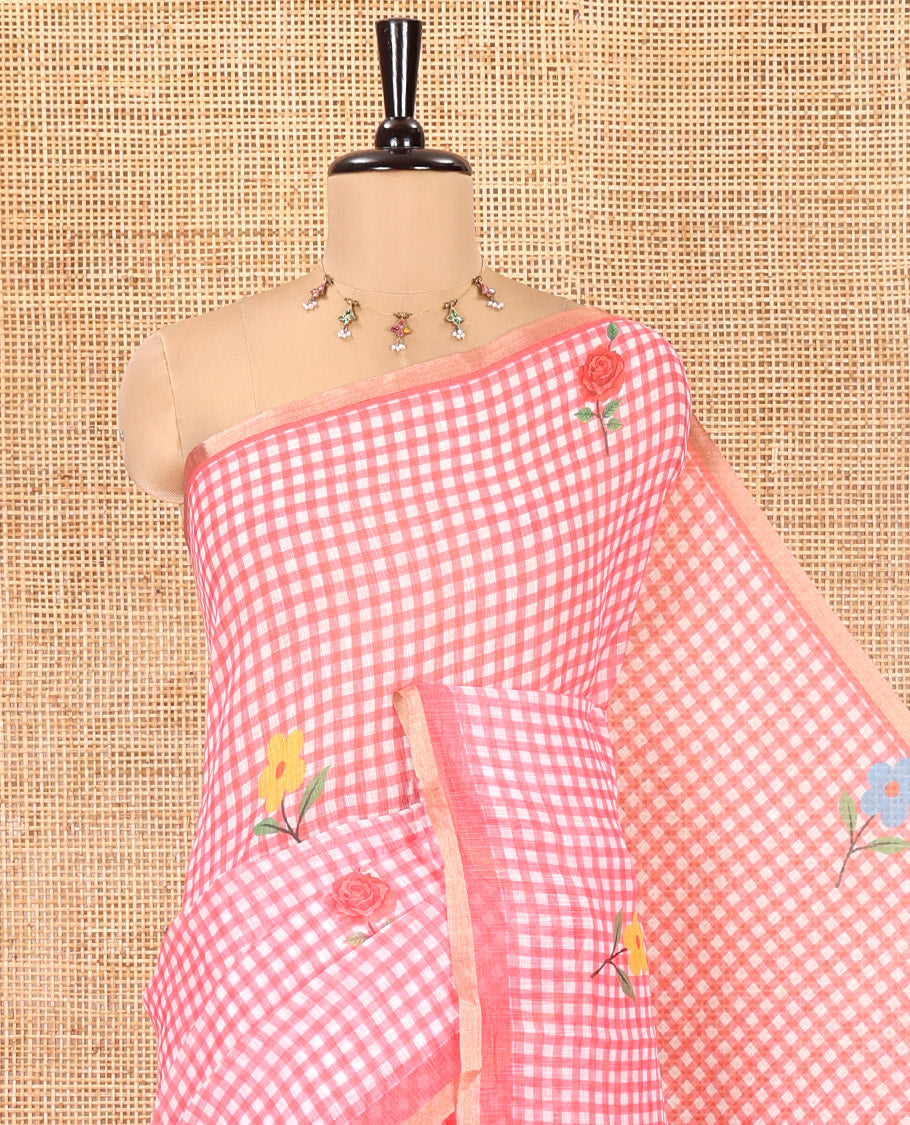 Pink Linen Cotton Saree, Bedecked with Micro-Checks and Floral Motifs on Its Body, Subtle Piping Border, a Self-Pallu, and Paired with a Rose Floral Printed Blouse