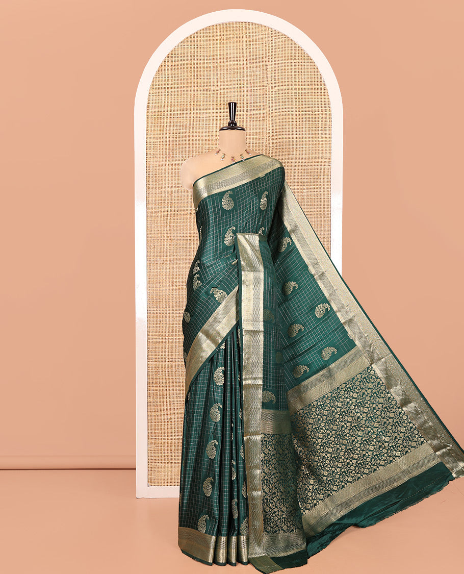 Green Satin Silk Saree, Enriched with Paisleys and Zari Checked Design on Its Body, Highlighted by Zari Traditional Design Border, Floral Jaal Pallu, and Paired with a Matching Blouse