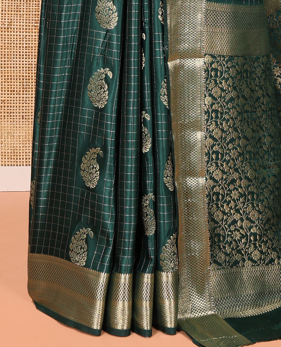 Green Satin Silk Saree, Enriched with Paisleys and Zari Checked Design on Its Body, Highlighted by Zari Traditional Design Border, Floral Jaal Pallu, and Paired with a Matching Blouse