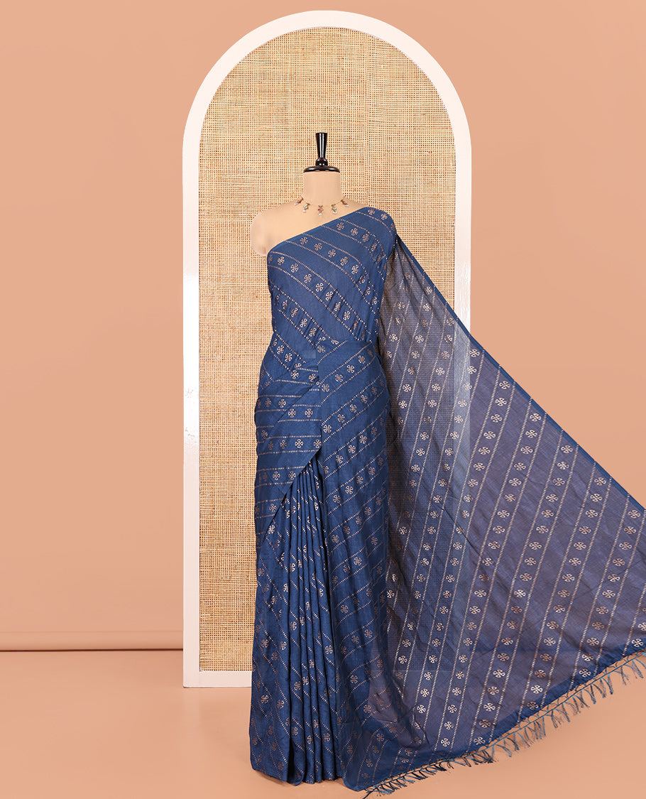 Borderless Navy Blue Vichitra Silk Saree, Gleamed Up with Floral Buttas and Leheriya-Style Foil Print on Its Body, a Self-Pallu, and Has No Blouse