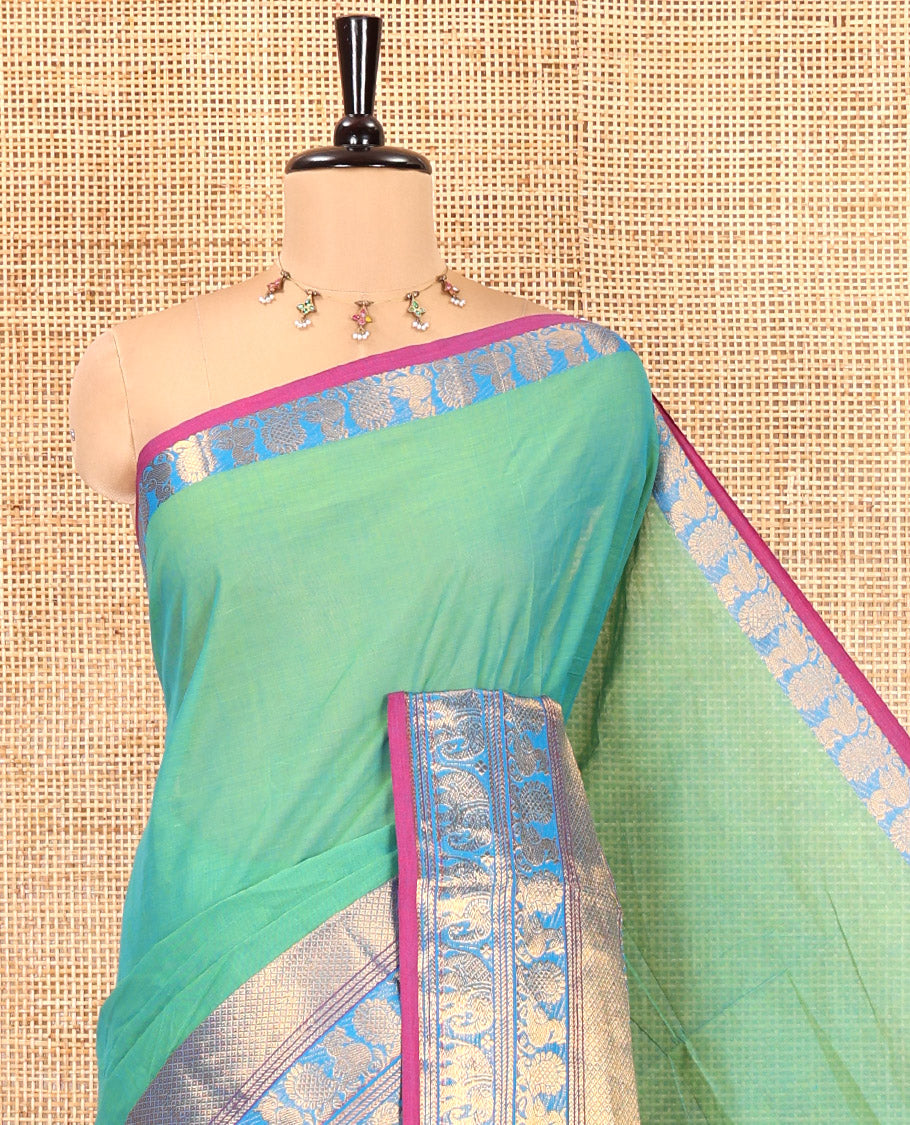 Rama Green Plain Checked Chettinad Cotton Saree, Contrast Traditional Zari Peacock-Elephant Border, and Matching Blouse
