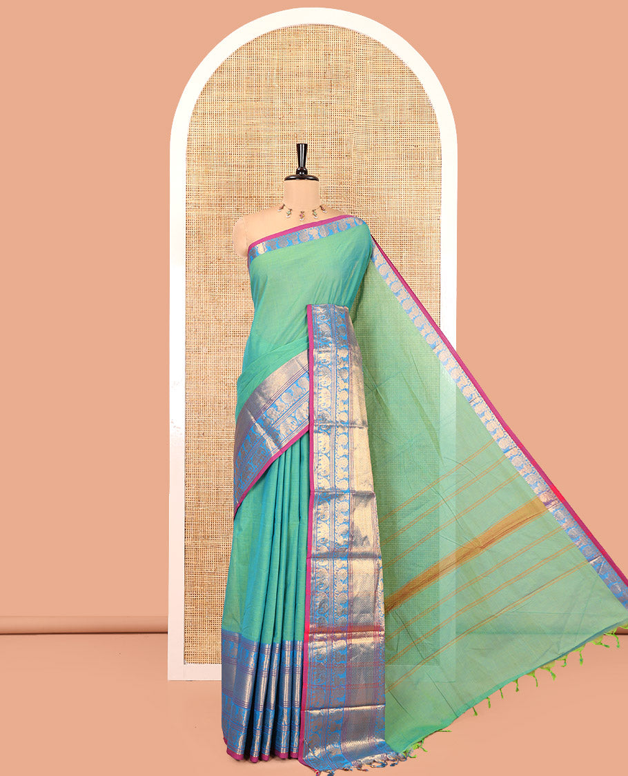 Rama Green Plain Checked Chettinad Cotton Saree, Contrast Traditional Zari Peacock-Elephant Border, and Matching Blouse
