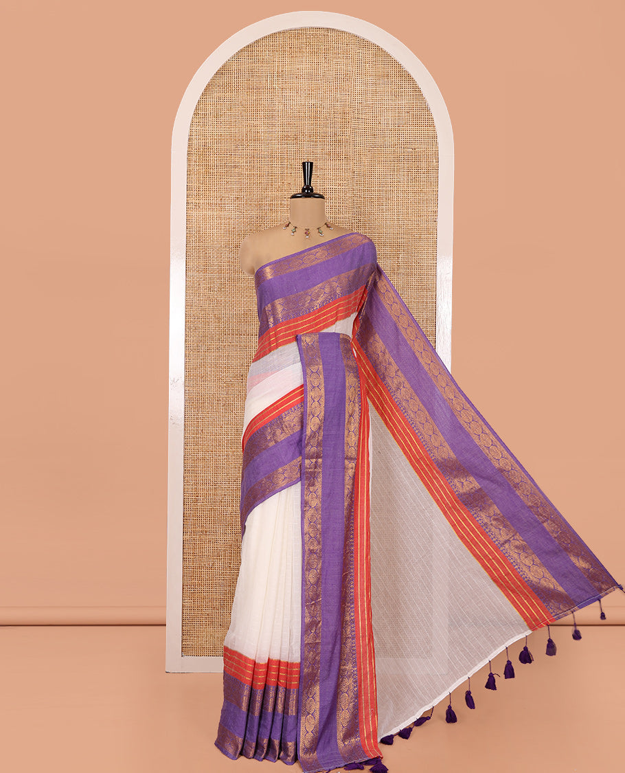 Cream Khadi Mul Cotton Saree, Accentuated with Contrast Border Kanchi Traditional Rettai Pettu Border, and a Matching Blouse