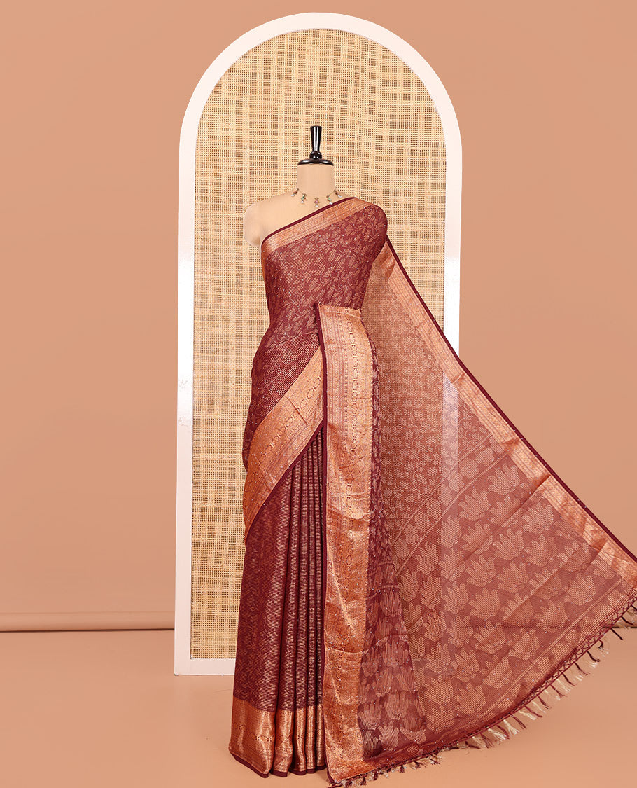 Brown Chiffon Saree, Adorned with Floral Vine and Stonework, a Traditional Border, Pallu Steeped with Floral Designs, and a Matching Blouse