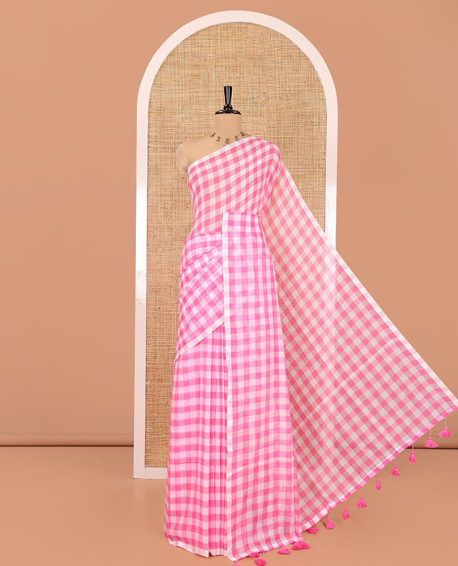 Borderless Baby Pink Khadi Mul Cotton Saree, Adorned with Vintage Checks, a Self-Pallu, and No Blouse