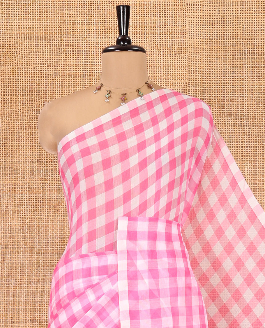 Borderless Baby Pink Khadi Mul Cotton Saree, Adorned with Vintage Checks, a Self-Pallu, and No Blouse