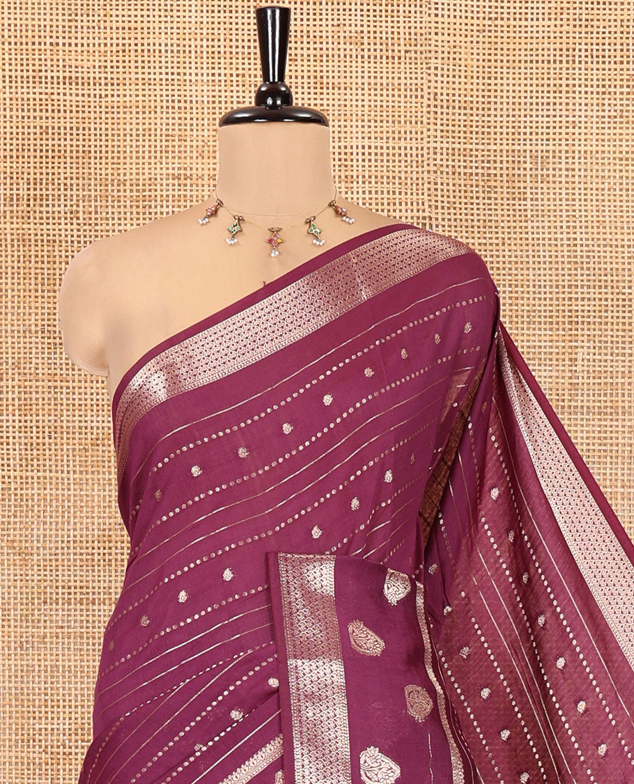 Wine Assam Silk Saree, Enriched with Zari Designs, a Traditional Zari Border, Striped Pallu, and a Matching Blouse