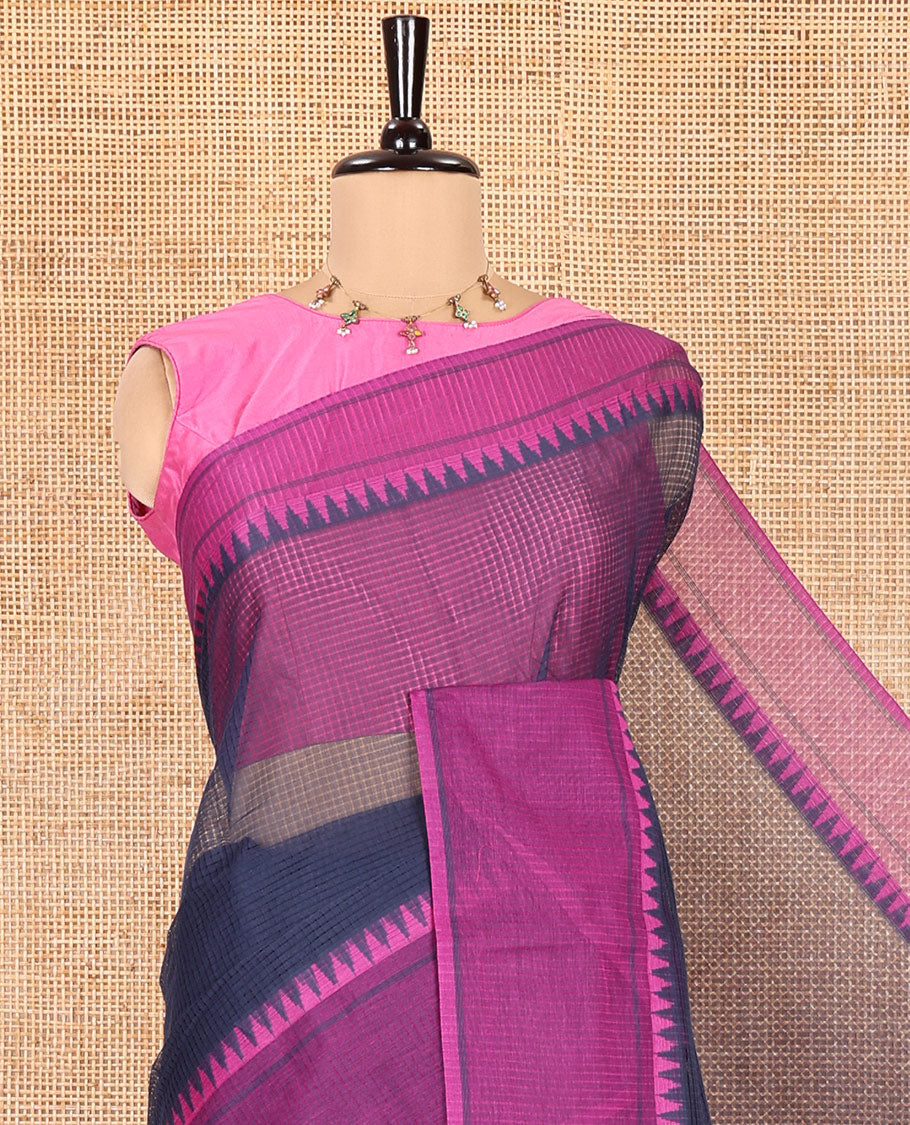 Navy Blue Kota Chex Saree with Sparse Checks, Complemented by a Contrast Temple Border, Striped Pallu, and a Contrast Blouse