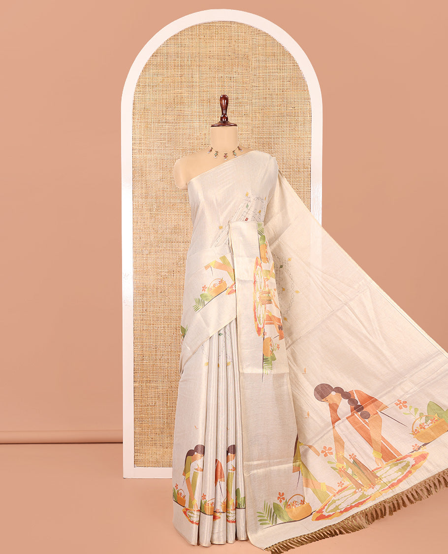 Borderless Gold Tissue Saree, Depicting Two Women Drawing Onam Kolam Motifs and Comes With a Plain Blouse
