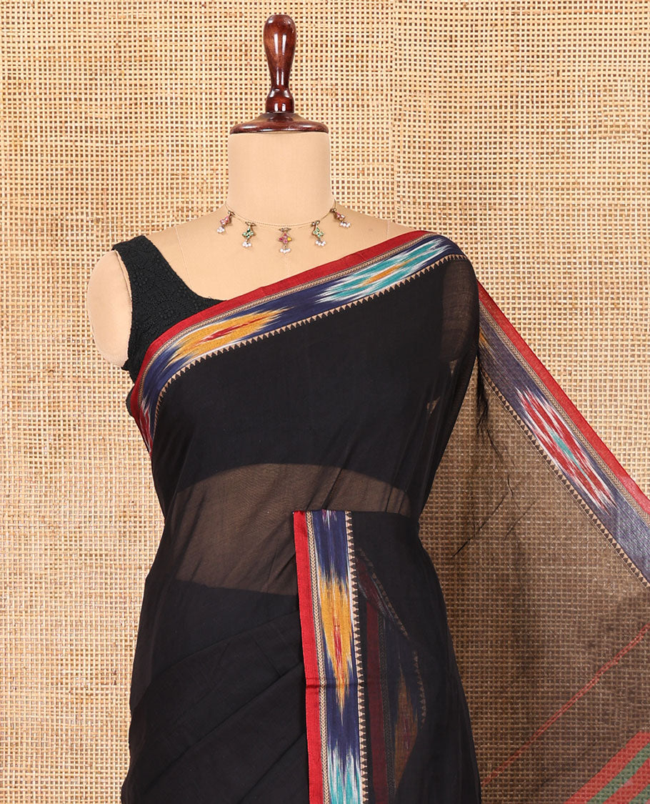 Black Plain Mercerised Cotton Saree, a Contrast Ikat Border, an Ikat Weave Pallu, and a Matching Blouse